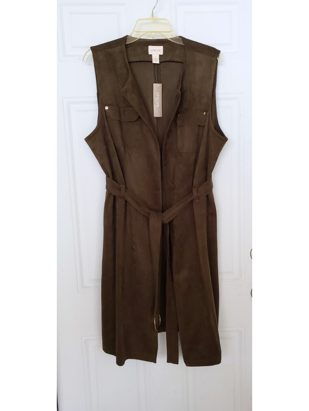 Chicos Vest Size 2 US 12 (L) Belted Olive Green Faux Suede Long Open Topper - Picture 2 of 6